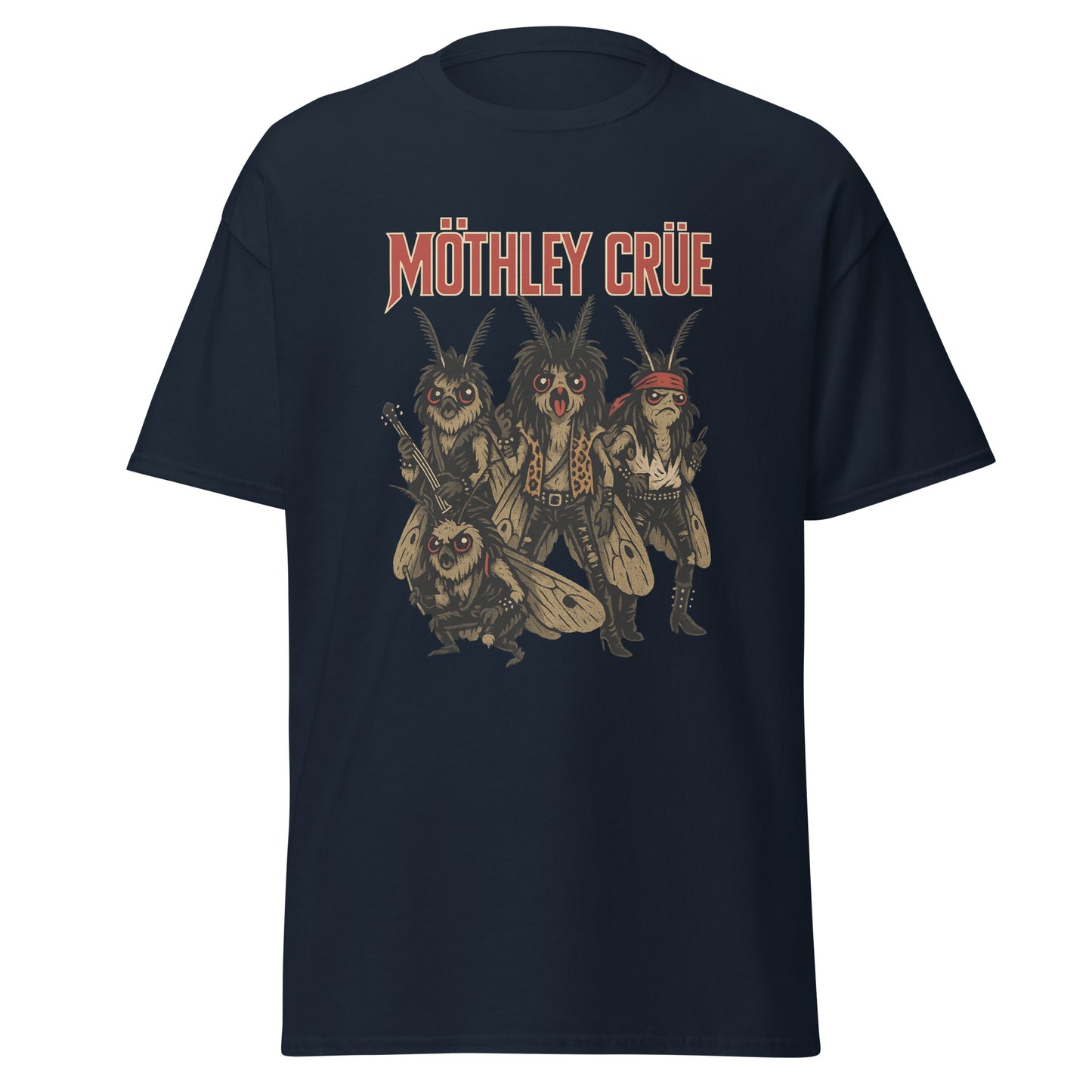 navy blue Unisex Mothley Crüe t-shirt with chaotic rock parody design, front view