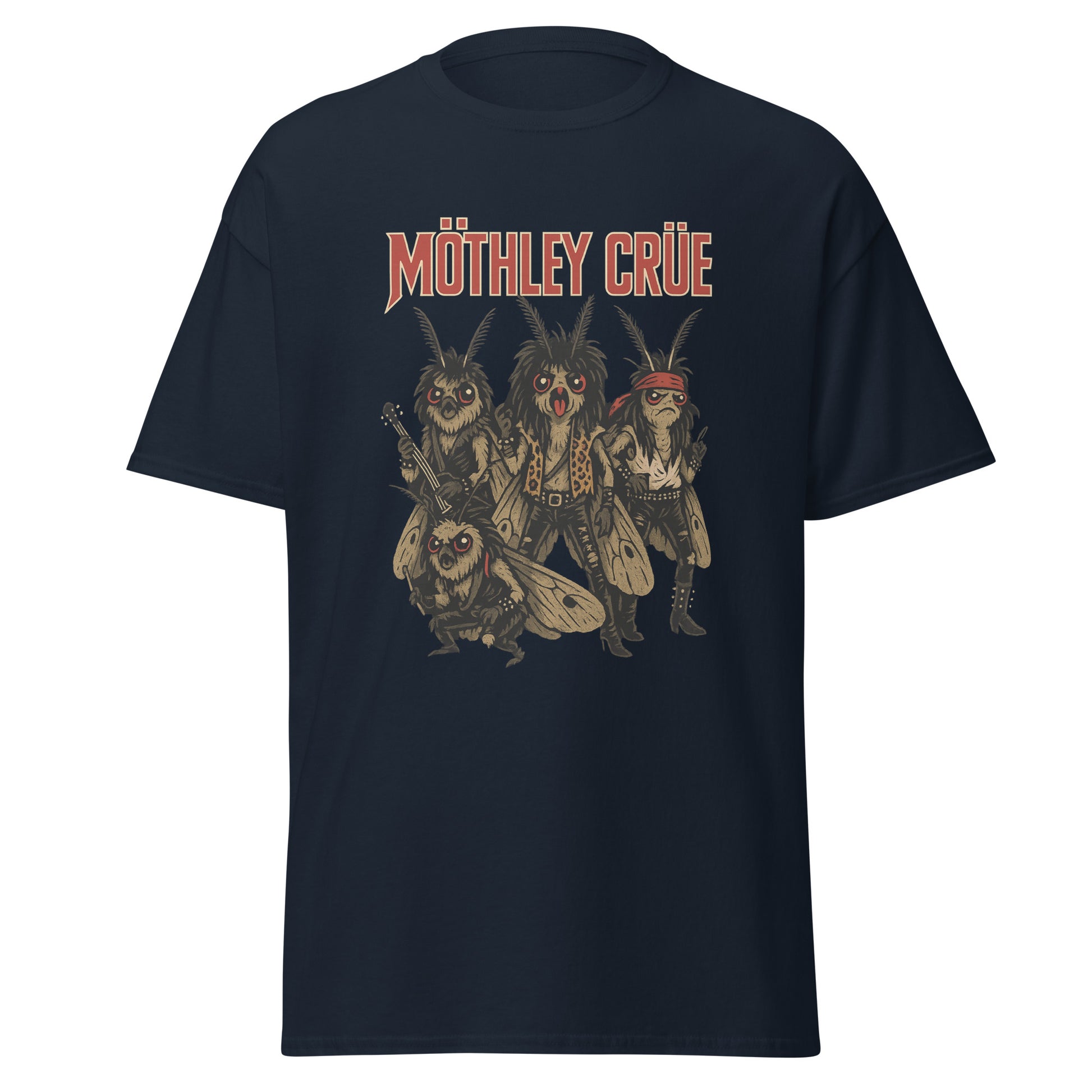 navy blue Unisex Mothley Crüe t-shirt with chaotic rock parody design, front view