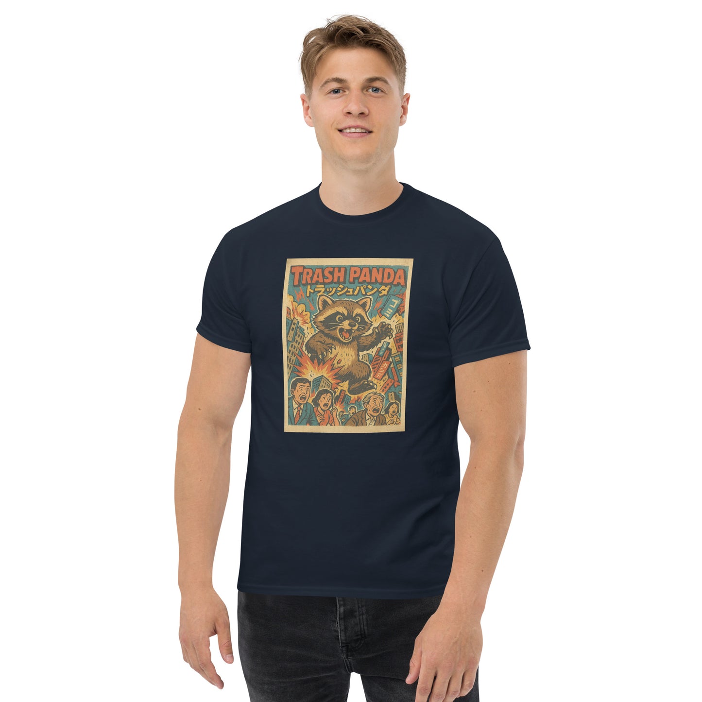 Person wearing a navy blue t-shirt with 'Trash Panda' graphic design on a white background