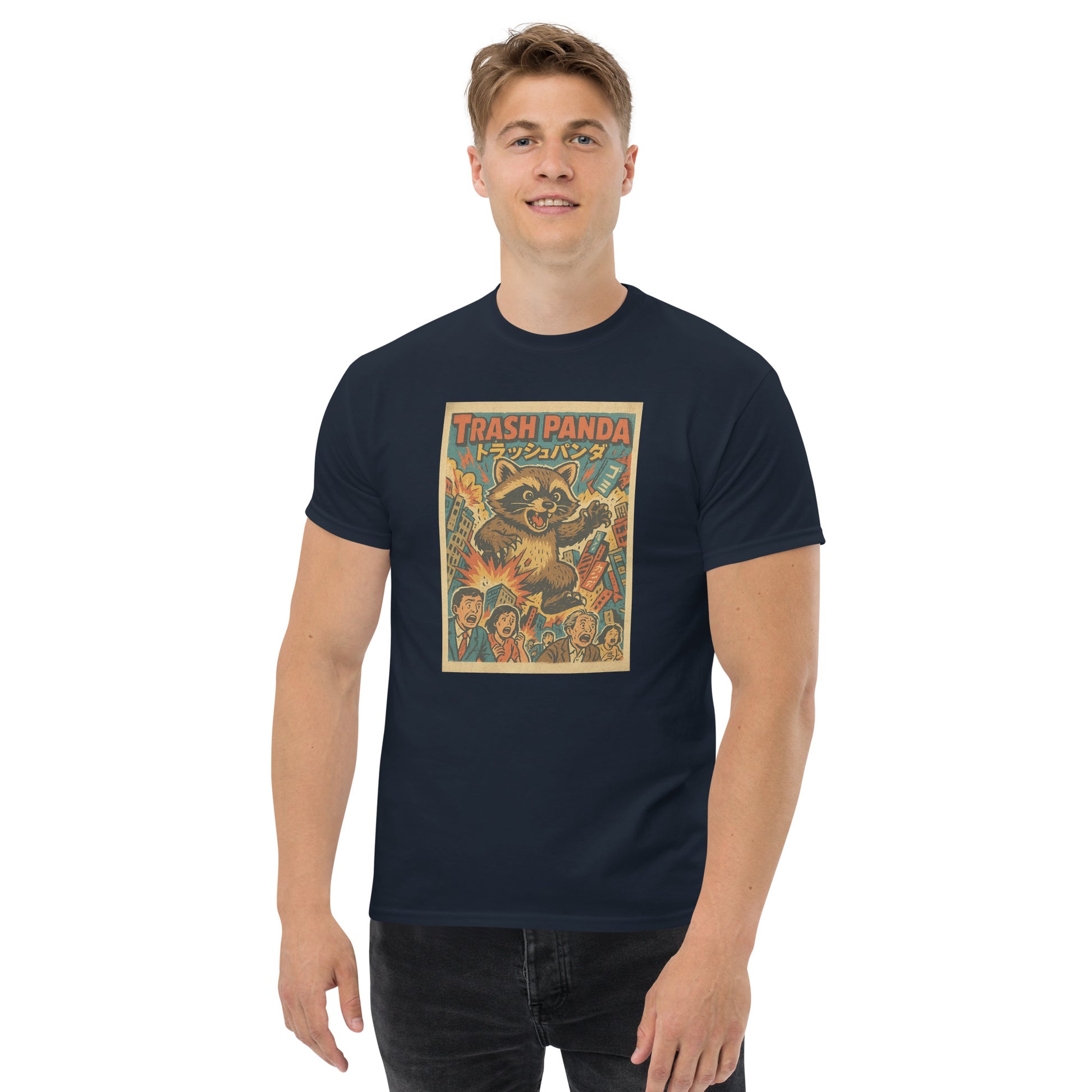 Person wearing a navy blue t-shirt with 'Trash Panda' graphic design on a white background