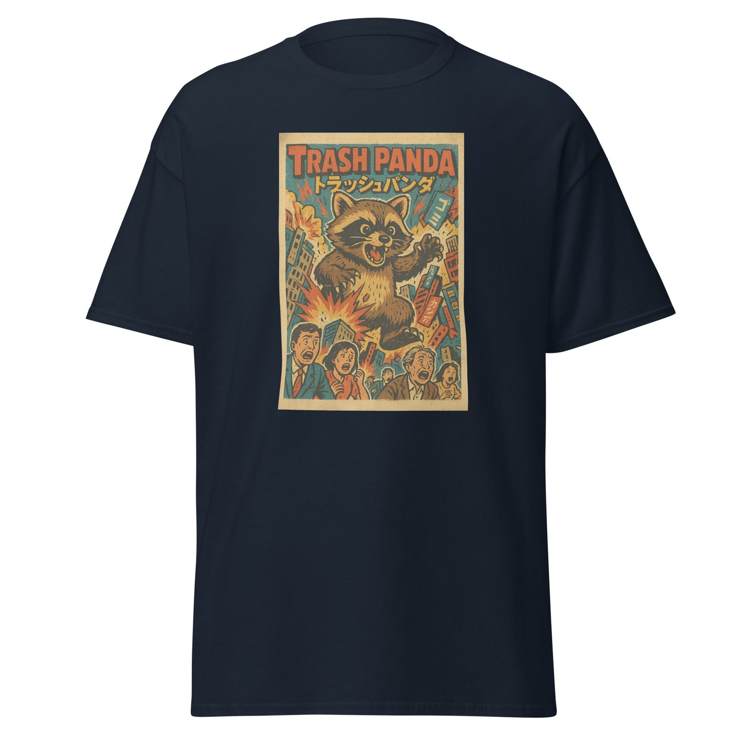 Black t-shirt with 'Trash Panda' graphic design on a white background