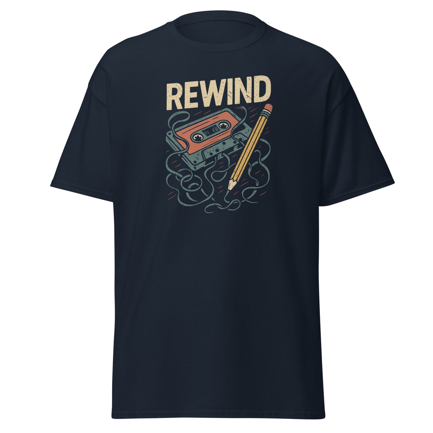 Black t-shirt with 'REWIND' graphic design featuring a cassette tape and pencil on a white background