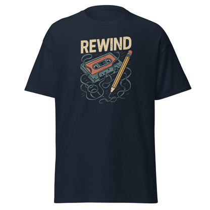 Black t-shirt with 'REWIND' graphic design featuring a cassette tape and pencil on a white background