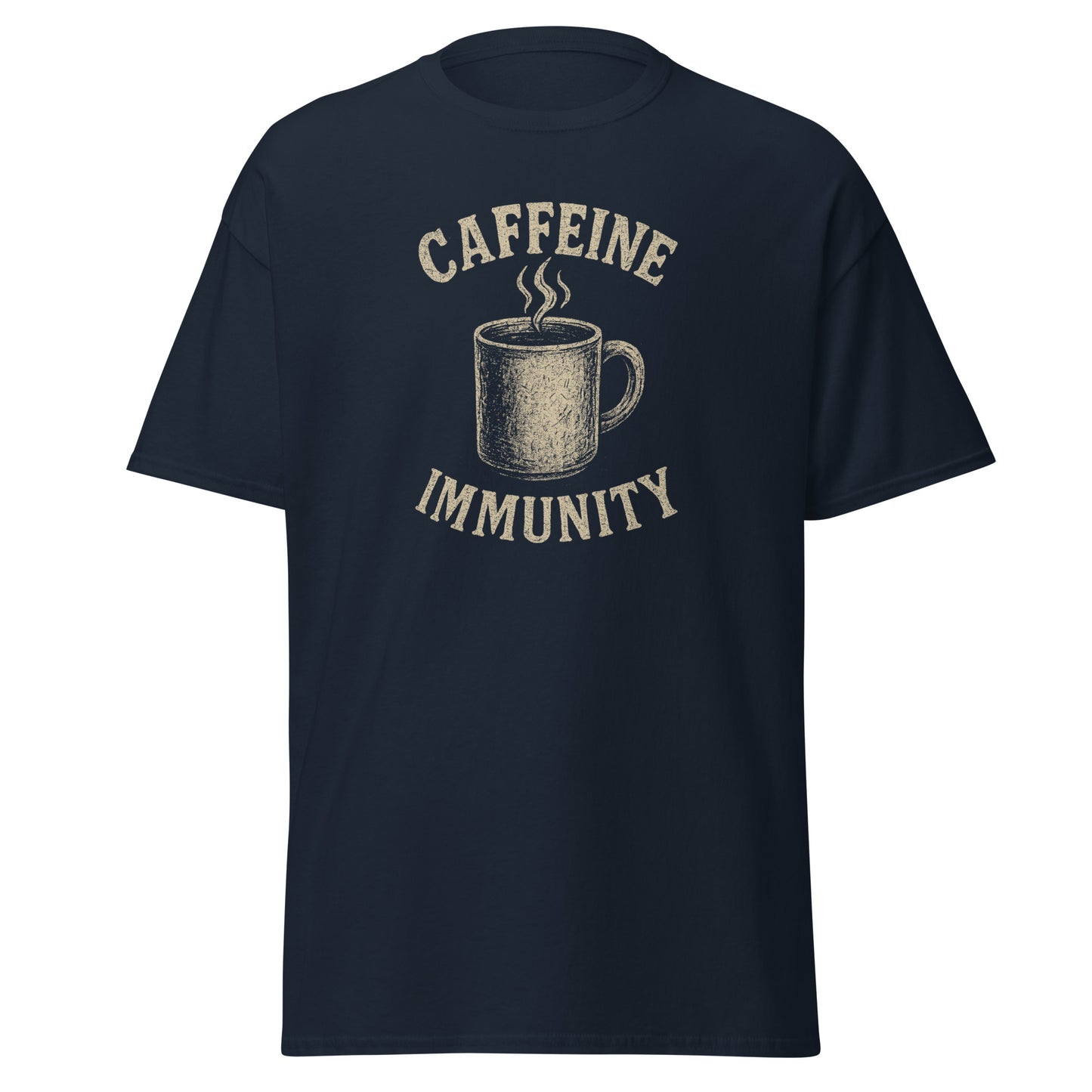 Navy blue t-shirt with a graphic of a coffee cup and text 'CAFFEINE IMMUNITY' on a white background