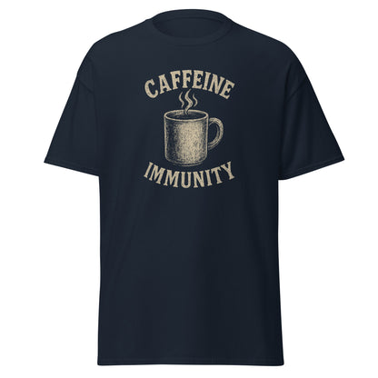 Navy blue t-shirt with a graphic of a coffee cup and text 'CAFFEINE IMMUNITY' on a white background