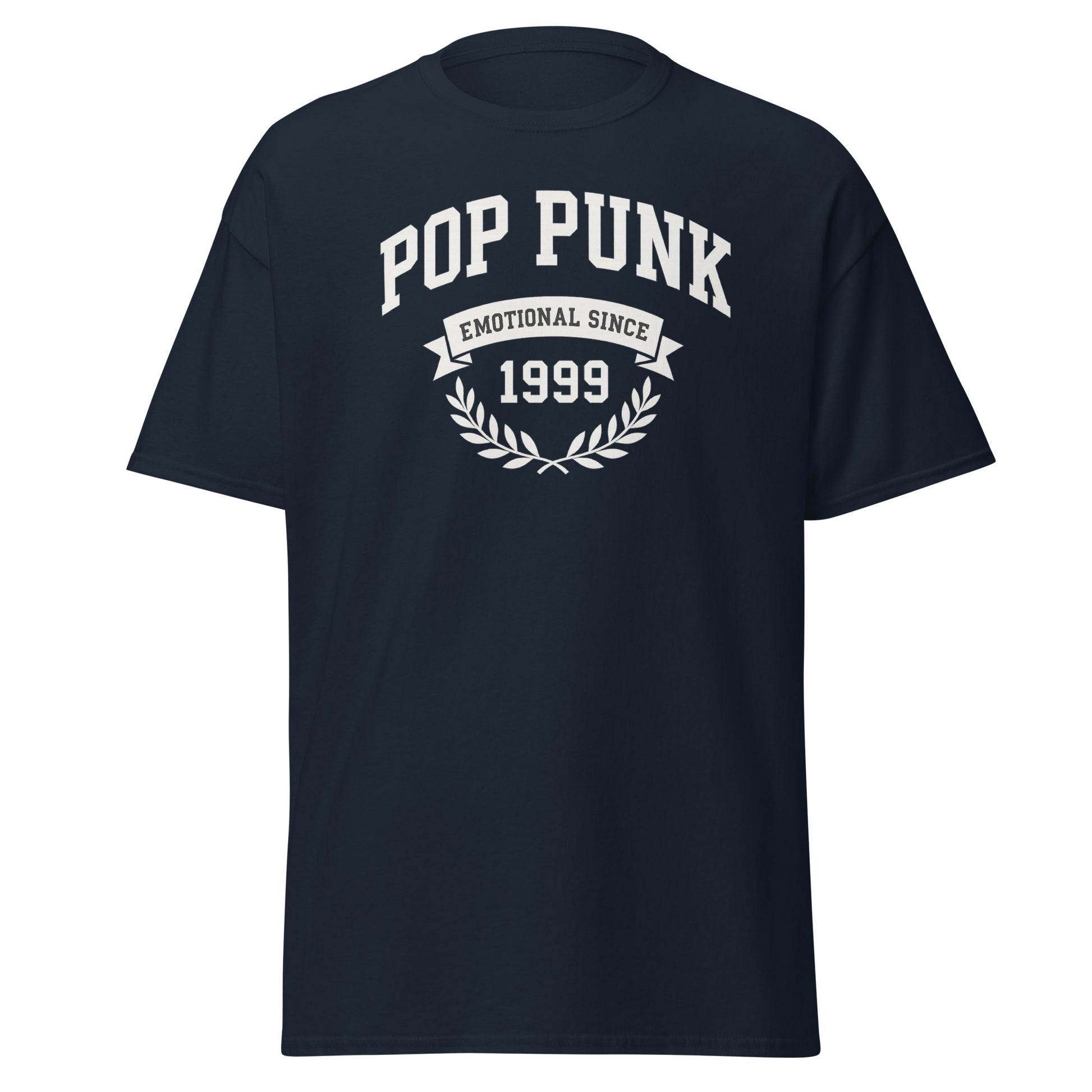 Navy blue t-shirt with 'Pop Punk Emotional Since 1999' text on a white background