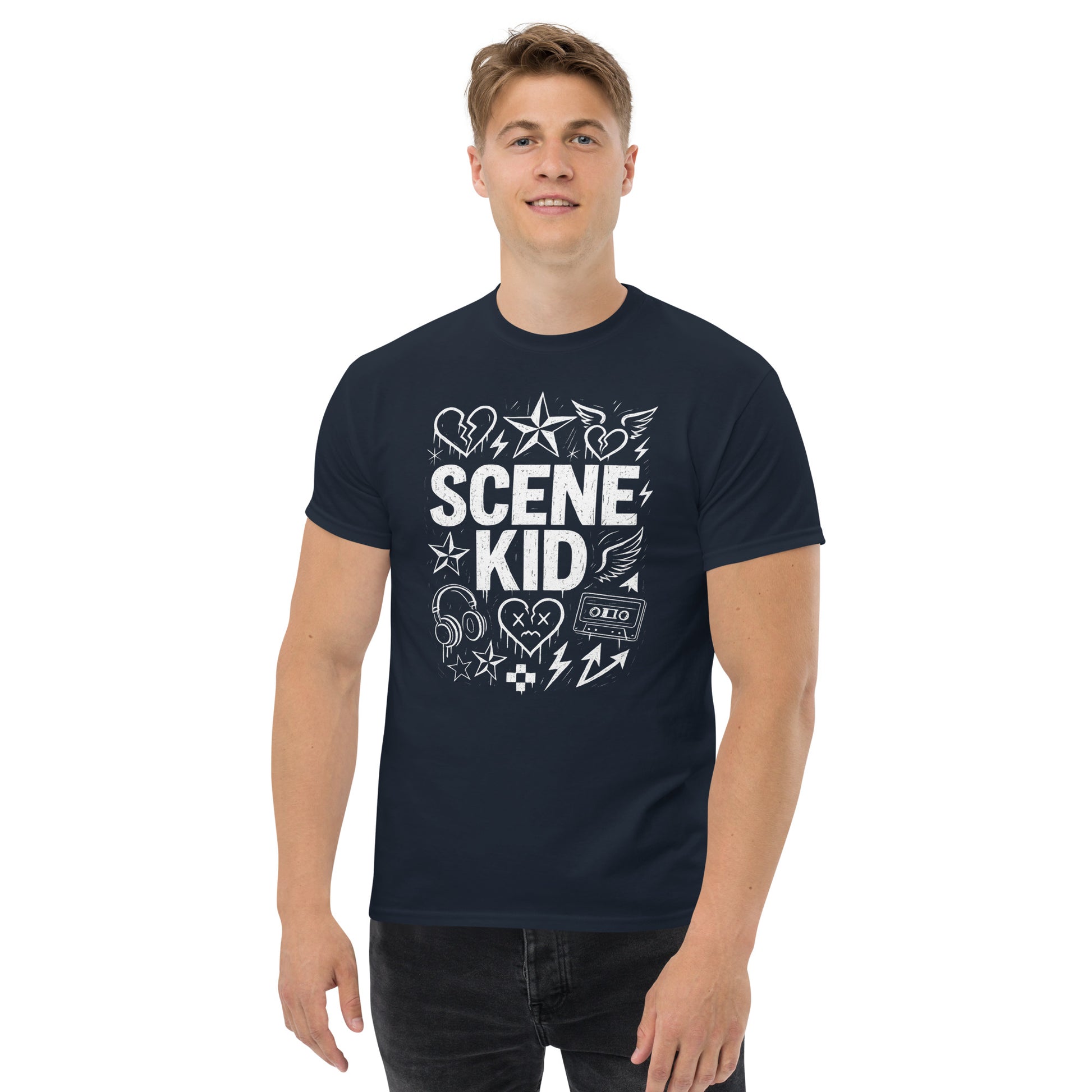 Man wearing a navy blue t-shirt with 'SCENE KID' graphic design on a white background