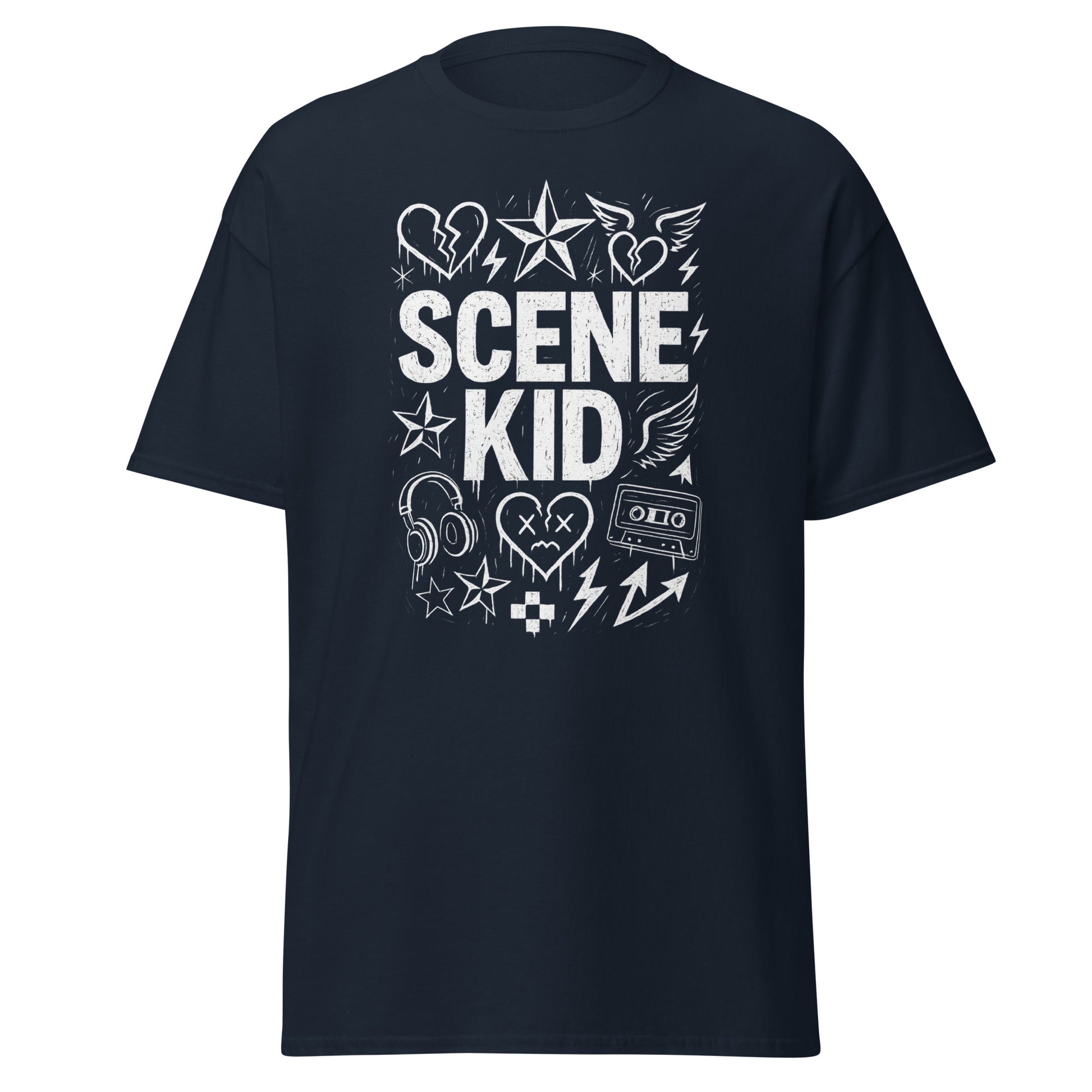 Black t-shirt with 'SCENE KID' graphic design on a white background