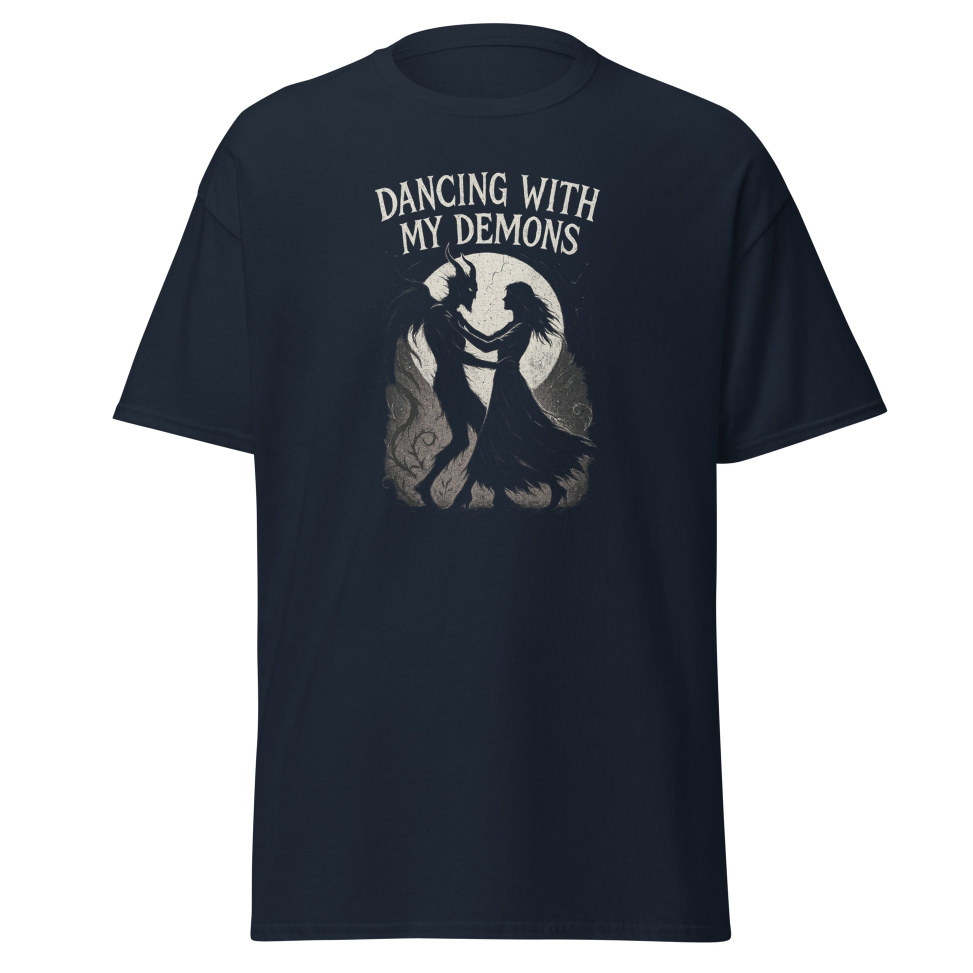 Black t-shirt with 'Dancing with My Demons' graphic design on a white background