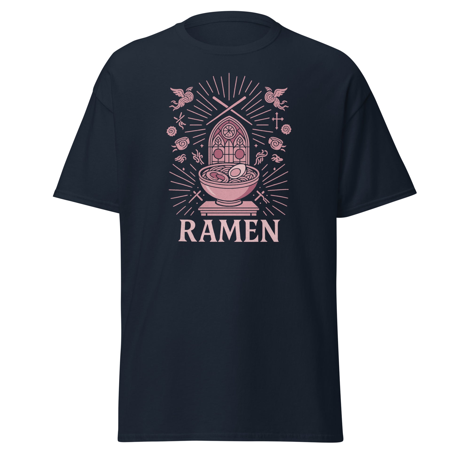 Navy blue t-shirt with pink ramen bowl graphic and 'RAMEN' text on a white background