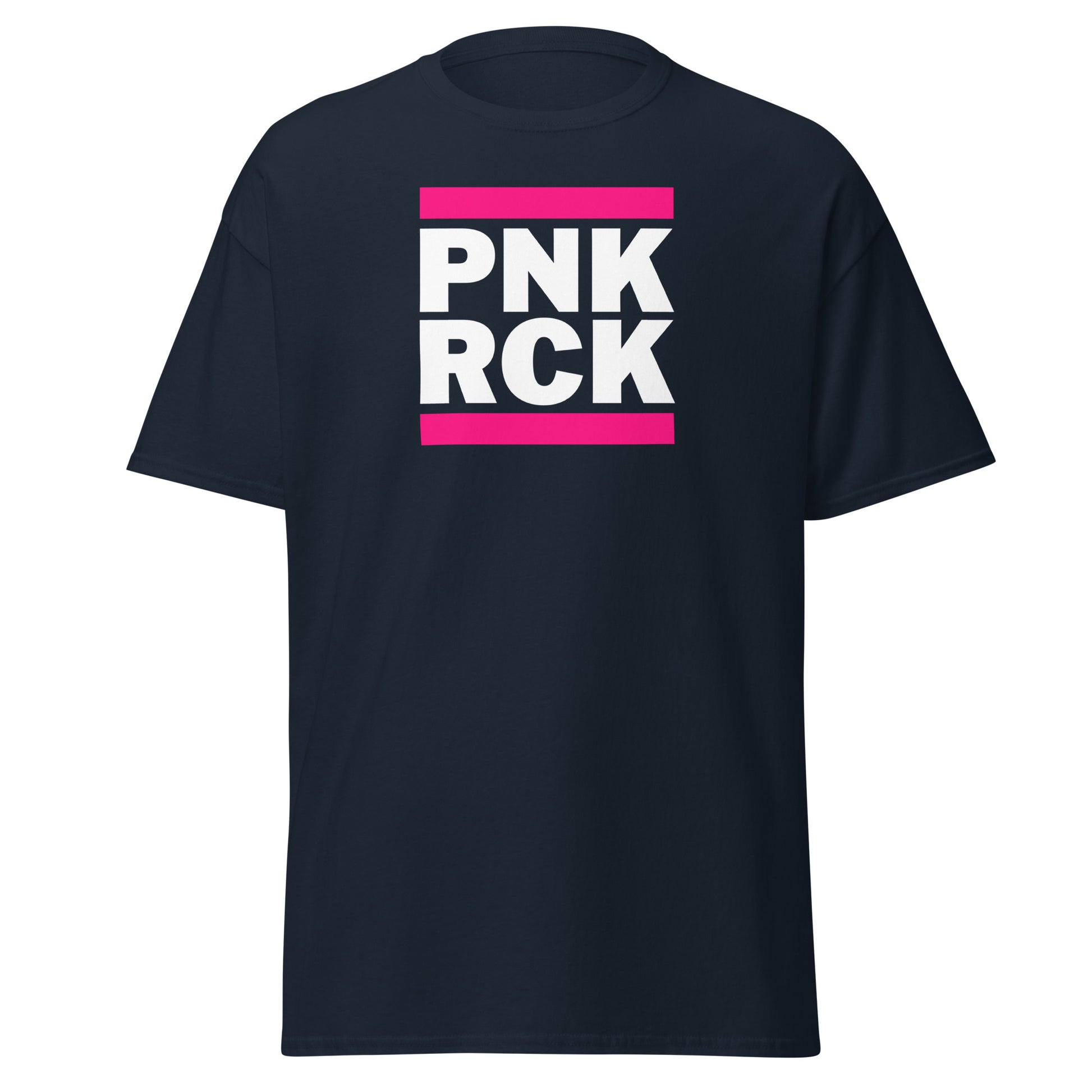 Black t-shirt with 'PNK RCK' text in white and pink on a white background