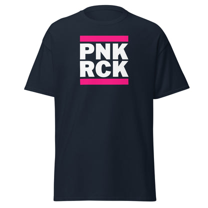 Black t-shirt with 'PNK RCK' text in white and pink on a white background