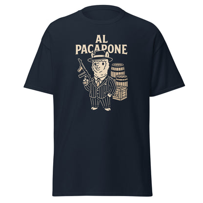 Navy blue t-shirt with a graphic of a bear in a suit and hat, holding a gun, and standing next to a barrel, with 'Al Pacapone' text above.