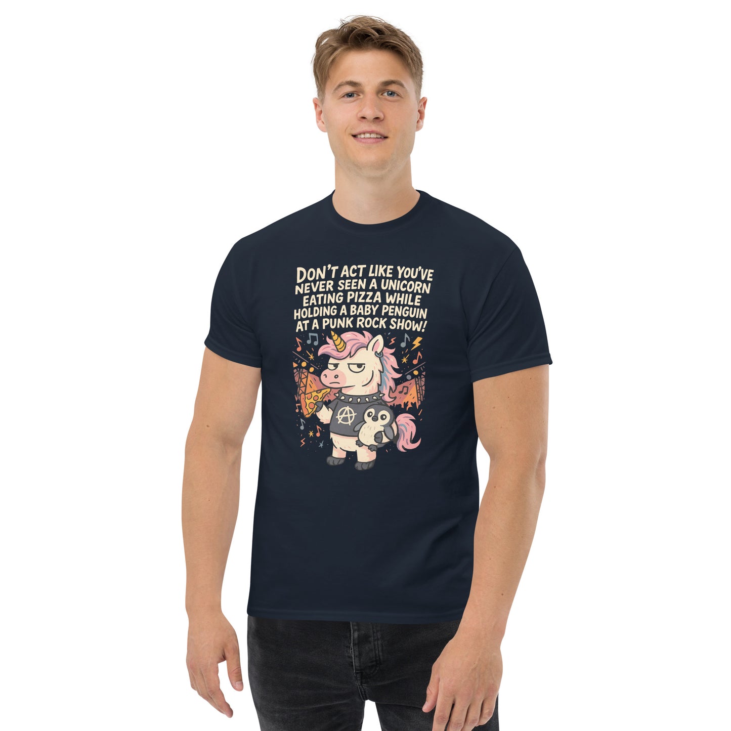Person wearing a navy blue t-shirt with a graphic design and text on a white background