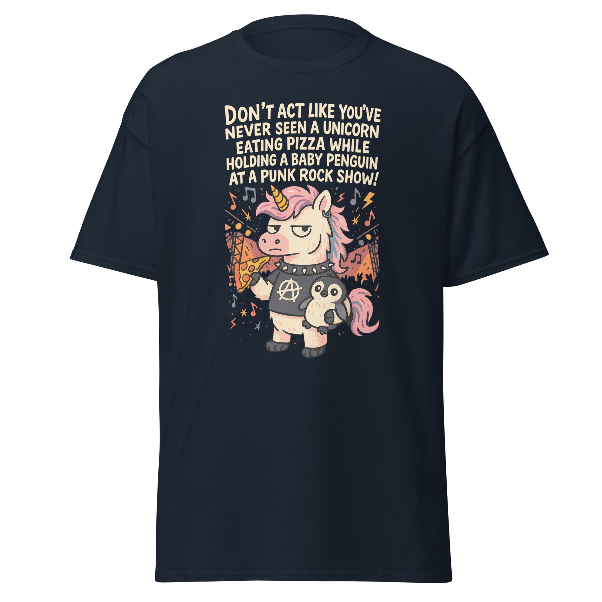 Black t-shirt with a unicorn and penguin graphic and humorous text on a white background