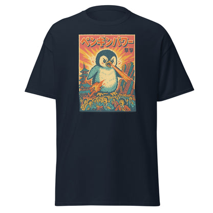 Black t-shirt with a colorful penguin graphic on a white background