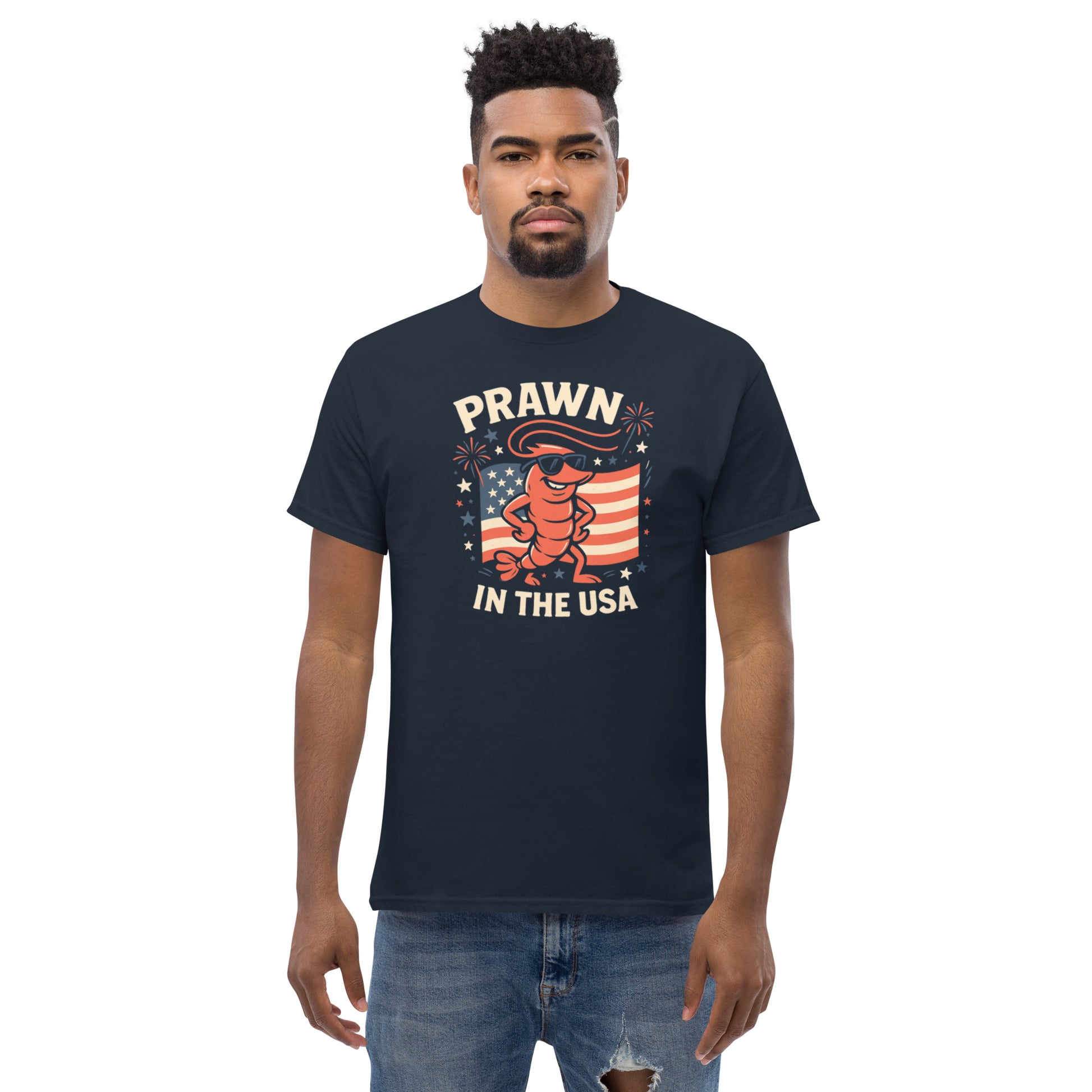 Man wearing a black t-shirt with 'Prawn in the USA' graphic design on a white background
