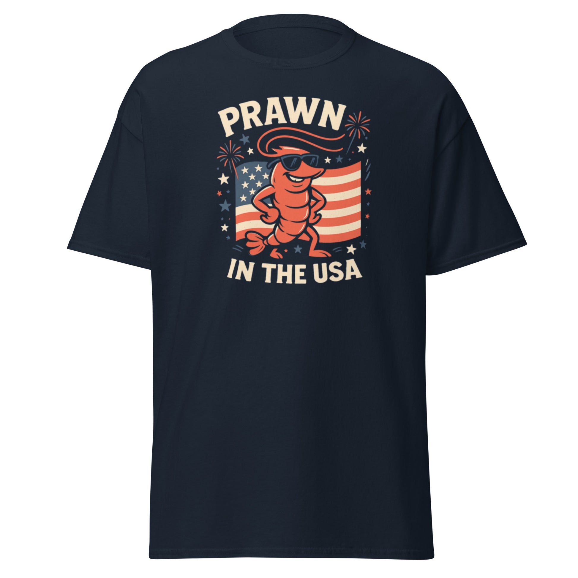 Black t-shirt with a graphic design featuring 'Prawn in the USA' text and an American flag.