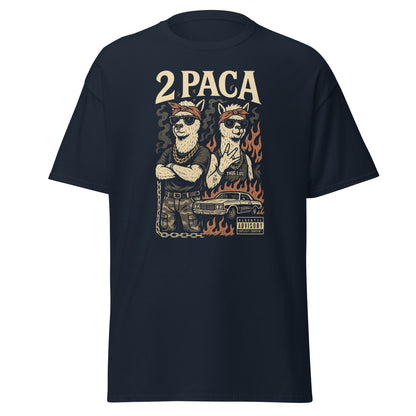 Black t-shirt with '2PACA' graphic design featuring two stylized figures and a car on a white background.