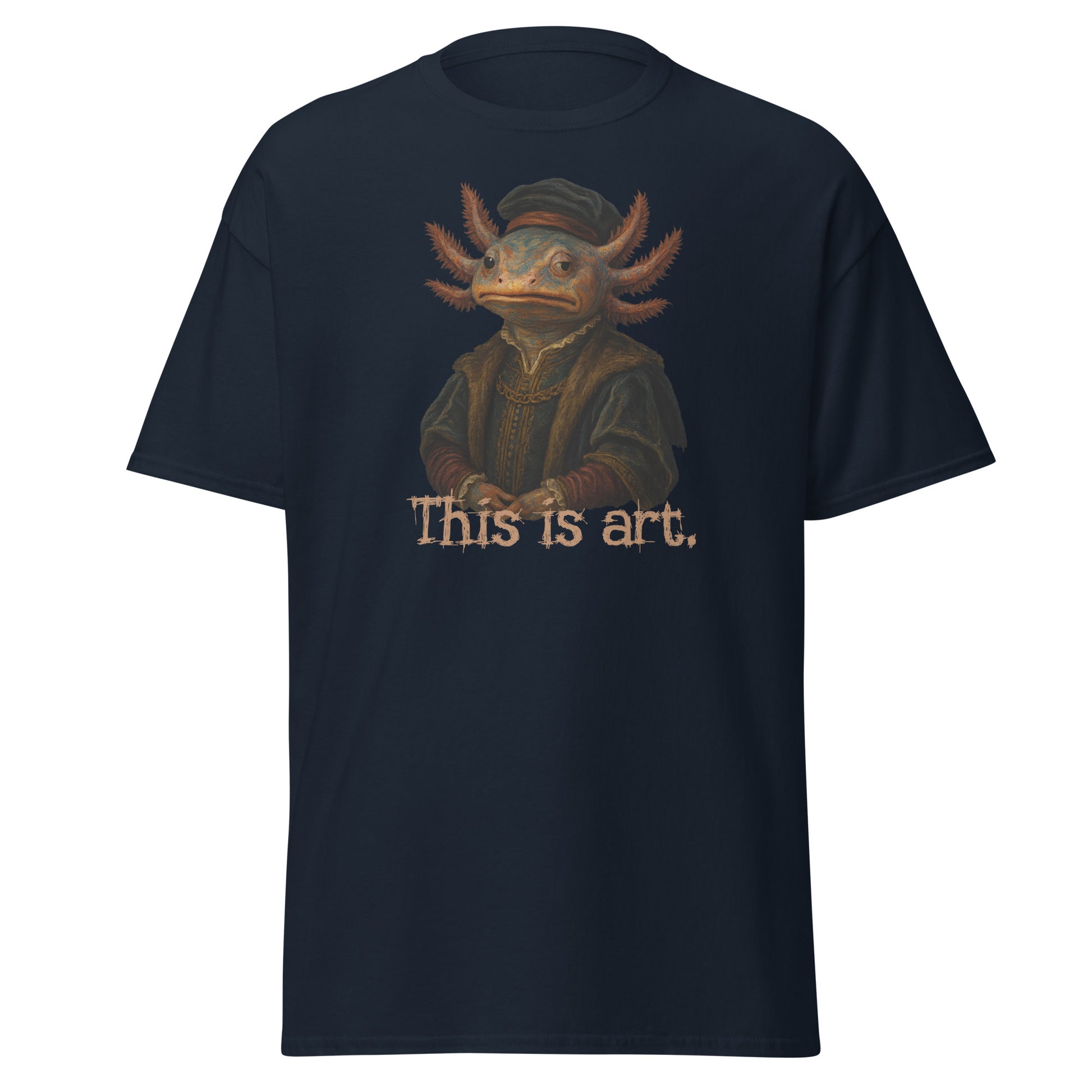 Black t-shirt with a graphic of a creature and 'This is art.' text on a white background