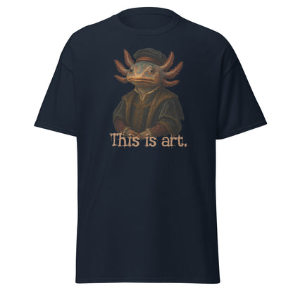 Black t-shirt with a graphic of a creature and 'This is art.' text on a white background