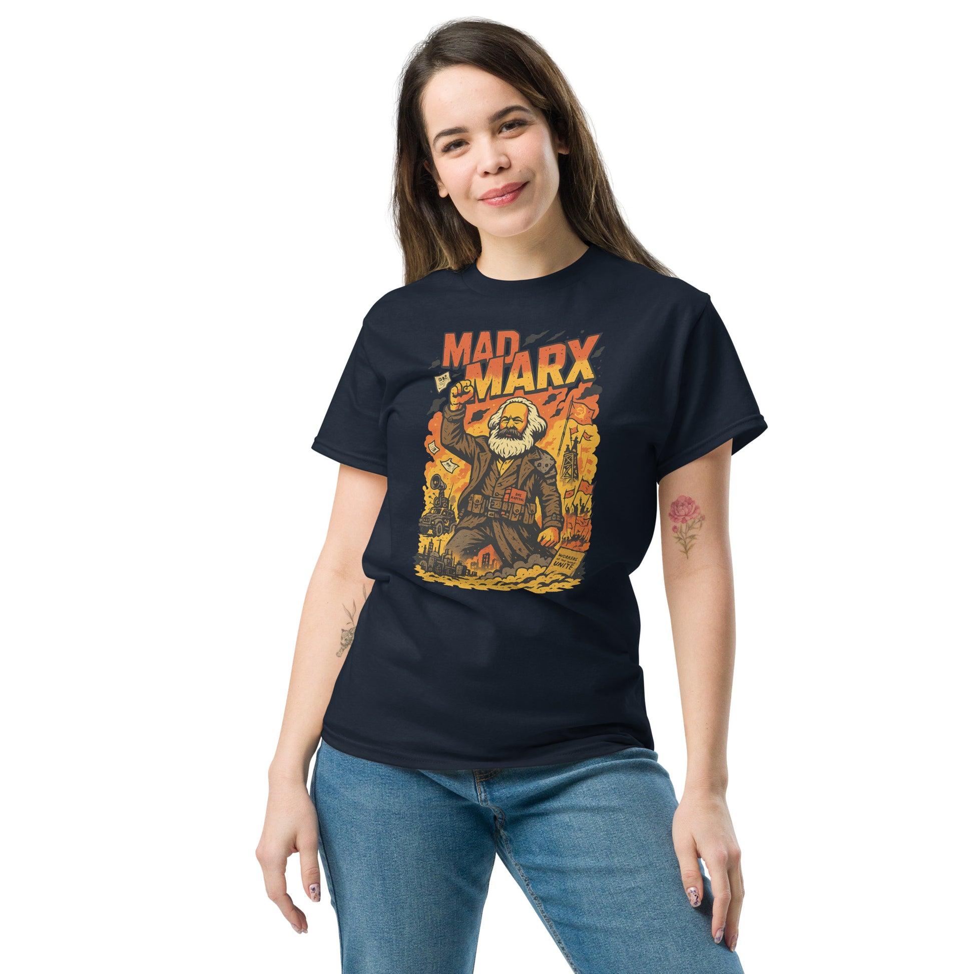 Woman wearing a black t-shirt with a graphic design on a white background
