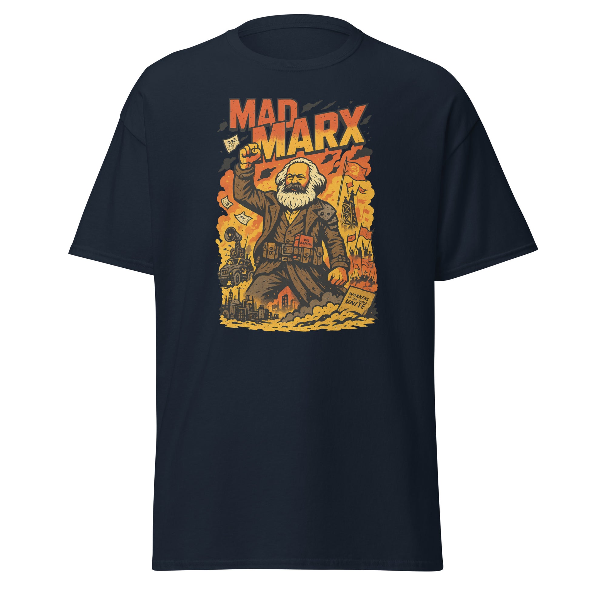 Black t-shirt with a graphic of a character inspired by Karl Marx on a white background