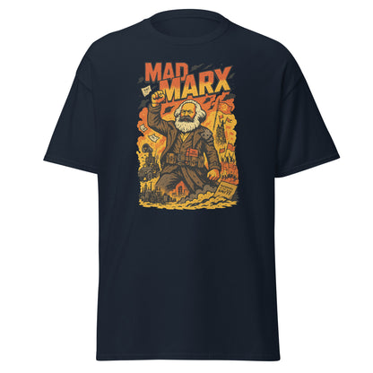 Black t-shirt with a graphic of a character inspired by Karl Marx on a white background