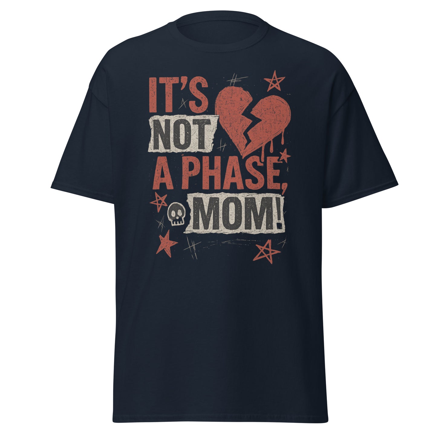 Black t-shirt with red and white text and graphics on a white background