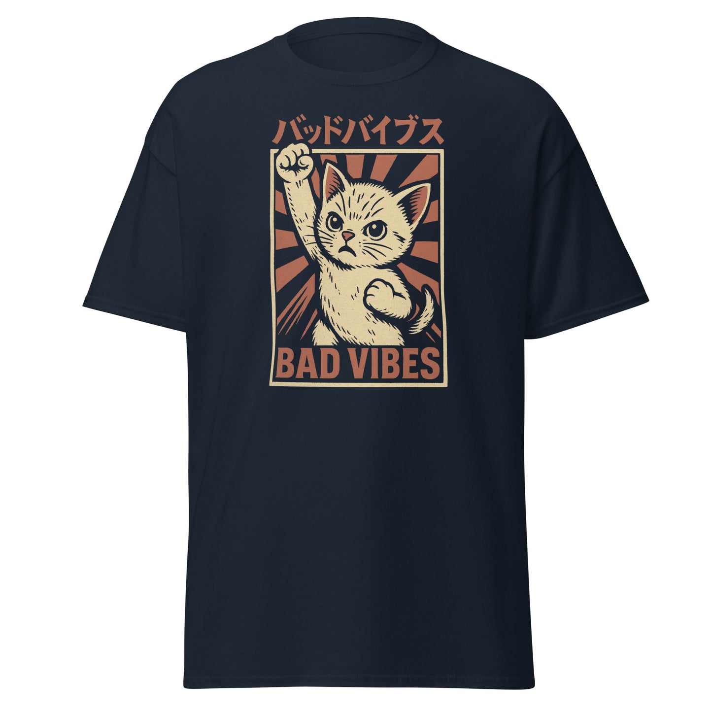 Navy blue t-shirt with a graphic of a cat raising a fist and 'Bad Vibes' text on a white background