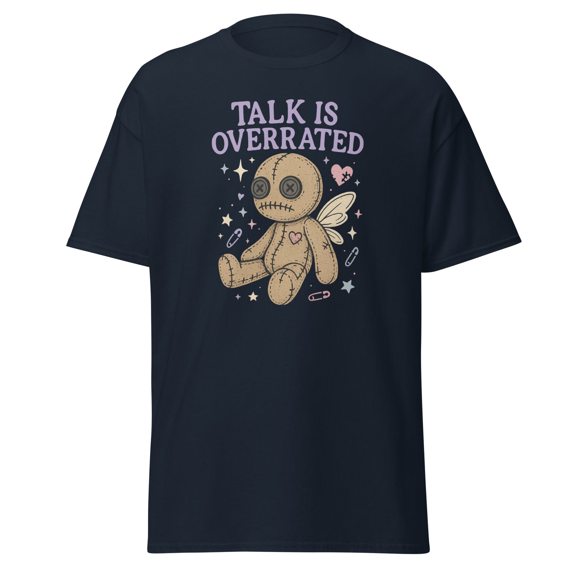 Navy blue t-shirt with a graphic of a voodoo doll and 'Talk is Overrated' text on a white background