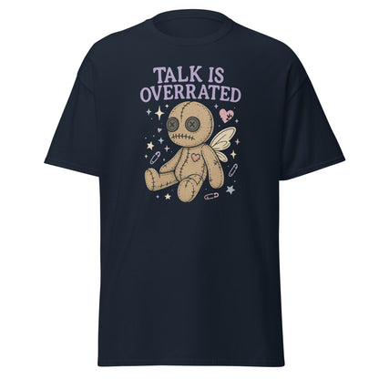 Navy blue t-shirt with a graphic of a voodoo doll and 'Talk is Overrated' text on a white background