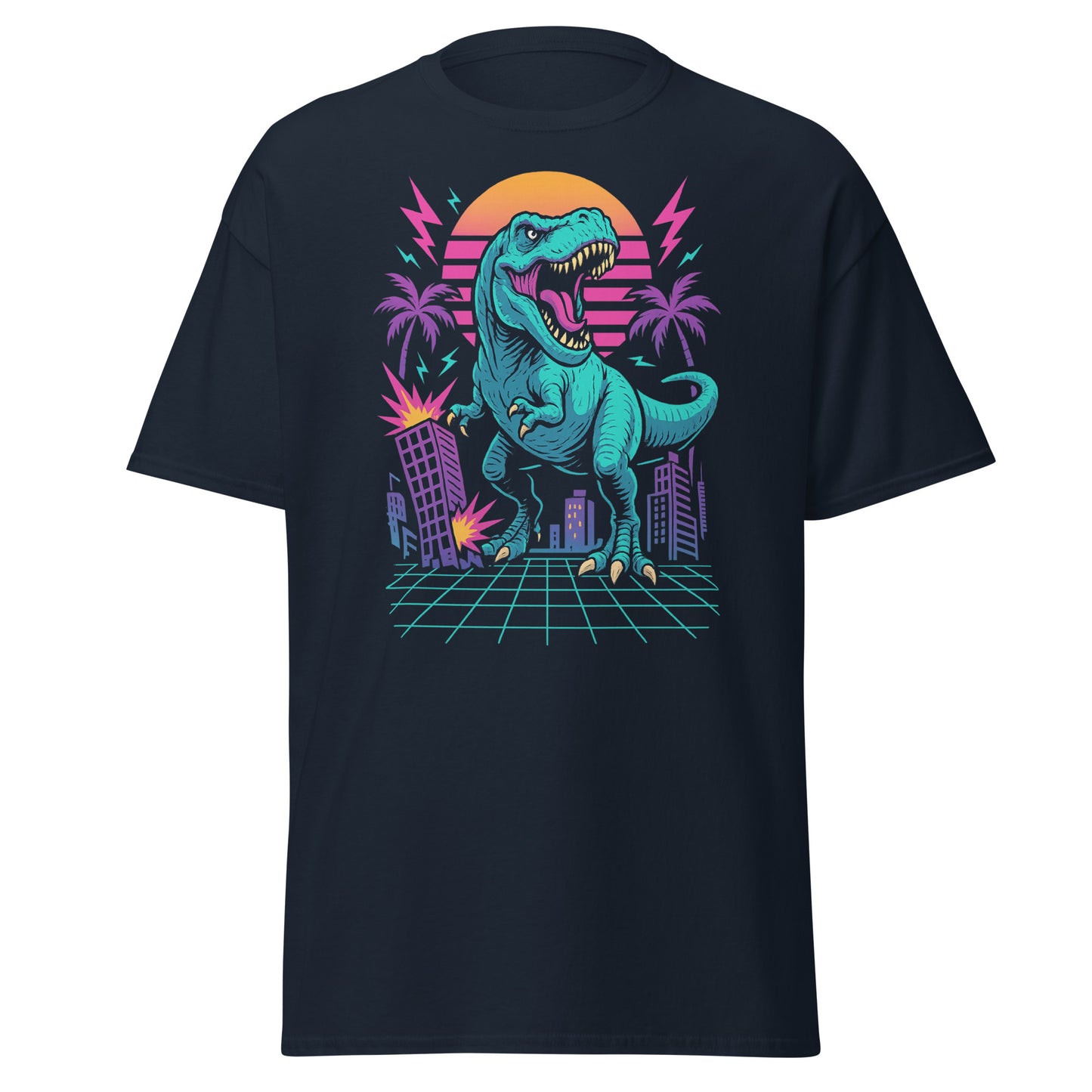 Black t-shirt with a dinosaur graphic design on a white background