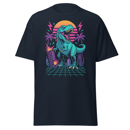 Black t-shirt with a dinosaur graphic design on a white background