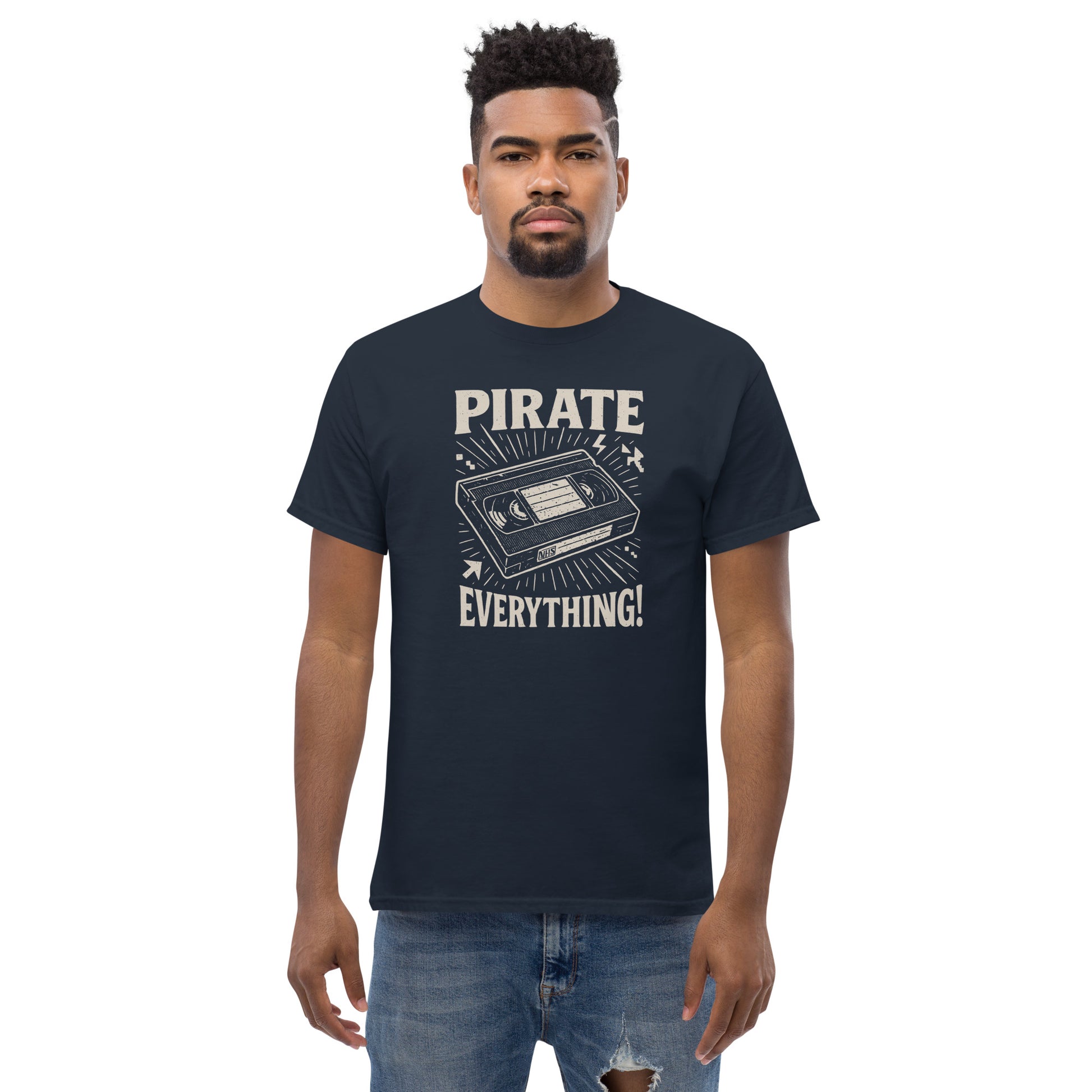 Man wearing a navy blue t-shirt with 'Pirate Everything!' graphic design on a white background