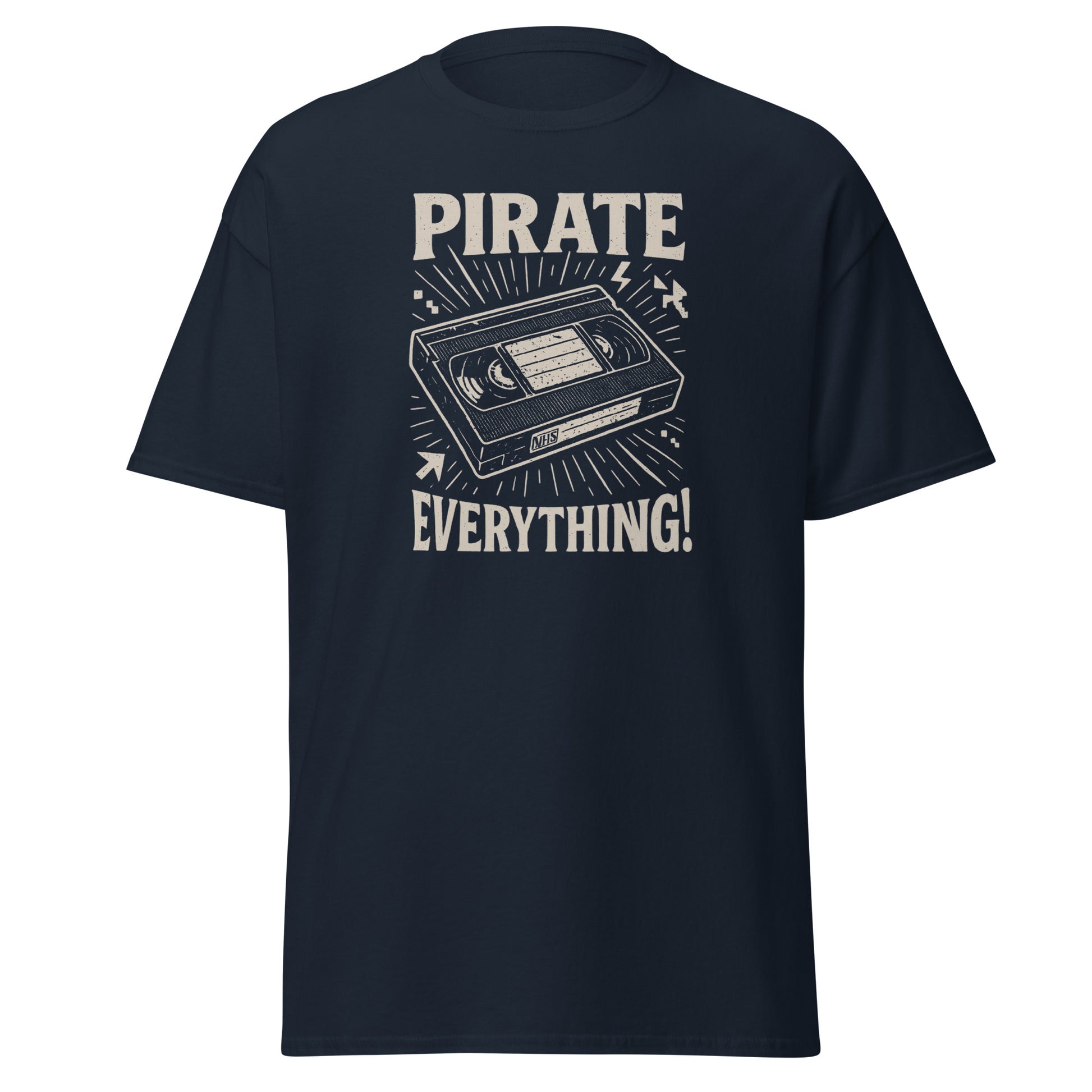 Navy blue t-shirt with a graphic design and text on a white background