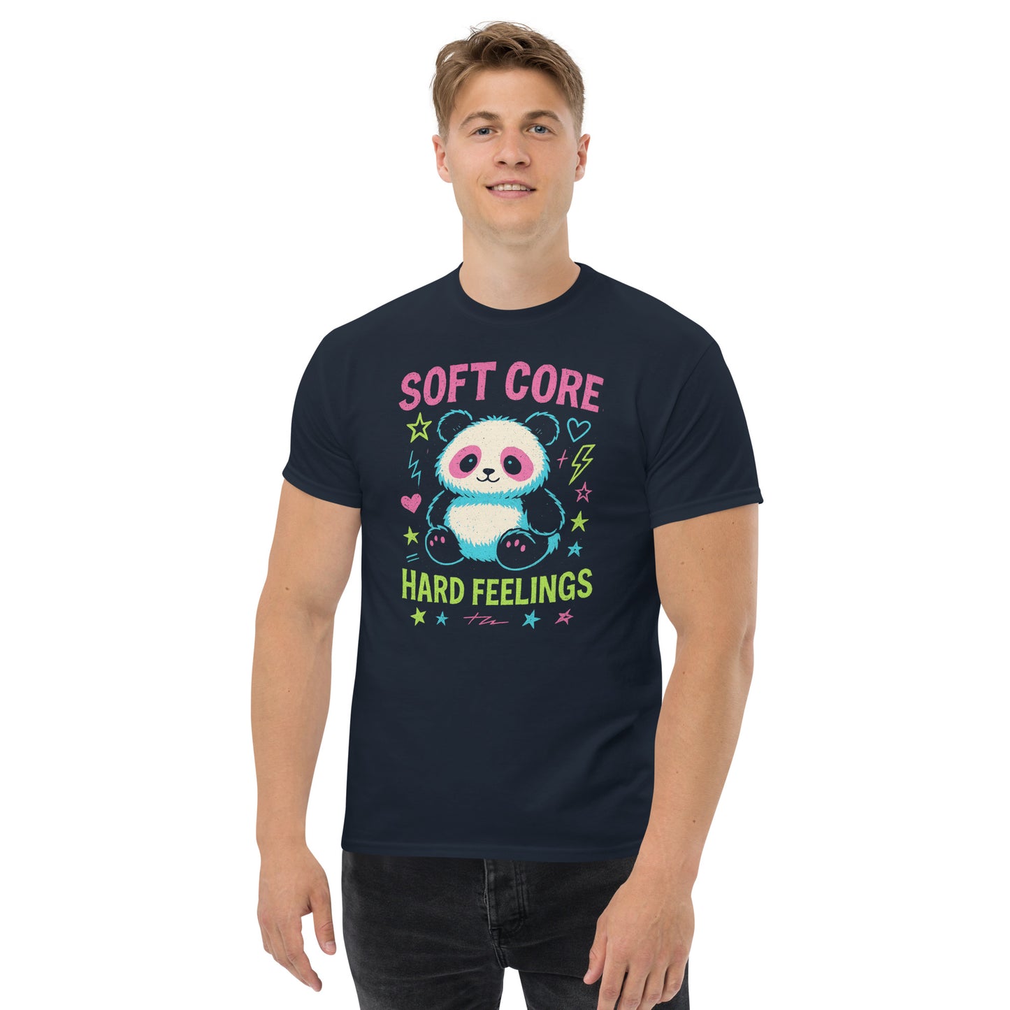 Person wearing a black t-shirt with a panda graphic and text on a white background