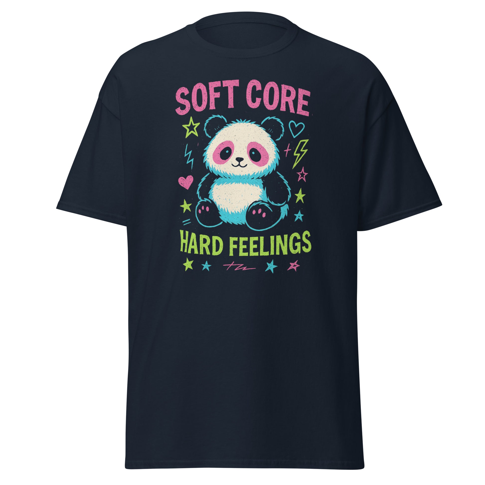 Black t-shirt with a panda graphic and text 'Soft Core Hard Feelings' on a white background