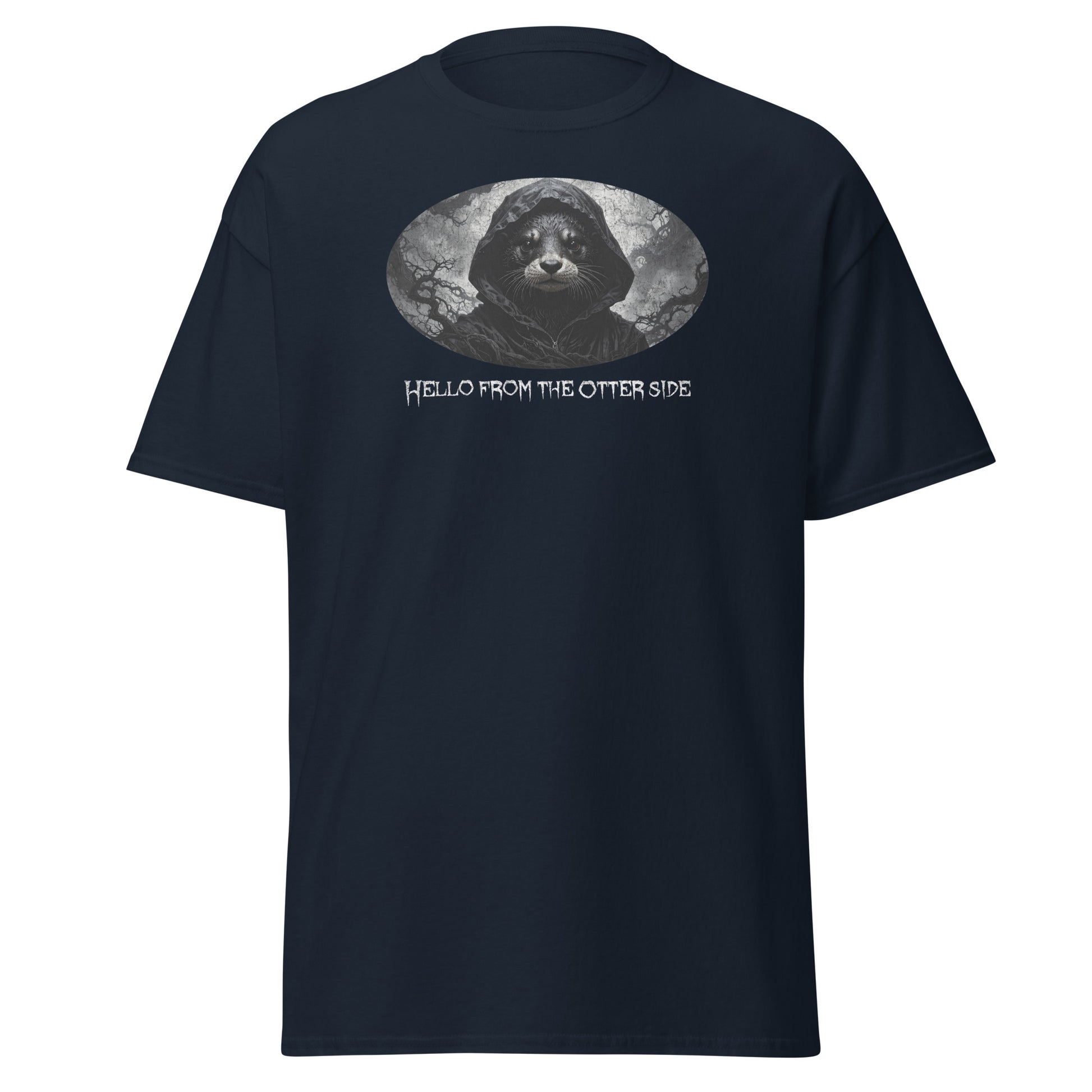 Black t-shirt with graphic of an otter and text 'Hello from the other side' on a white background