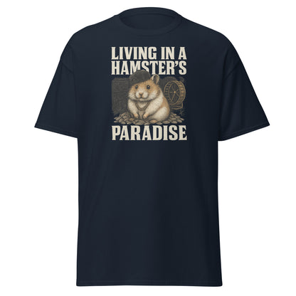 Black t-shirt with a graphic of a hamster and text 'Living in a Hamster's Paradise' on a white background