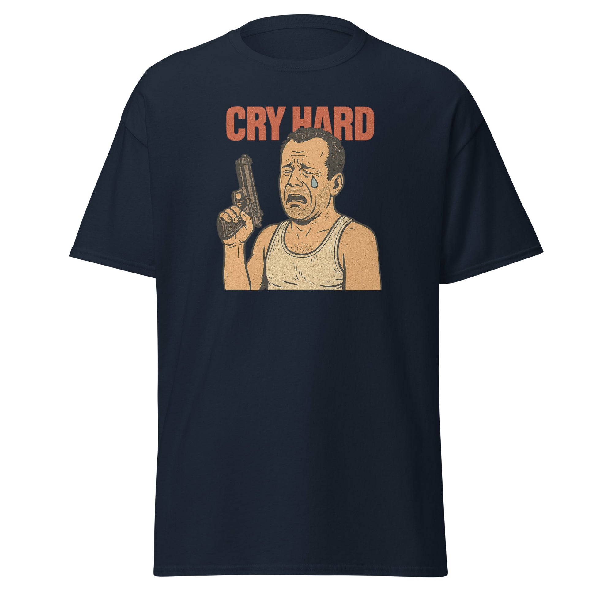 Black t-shirt with graphic of a man holding a gun and text 'Cry Hard' on a white background