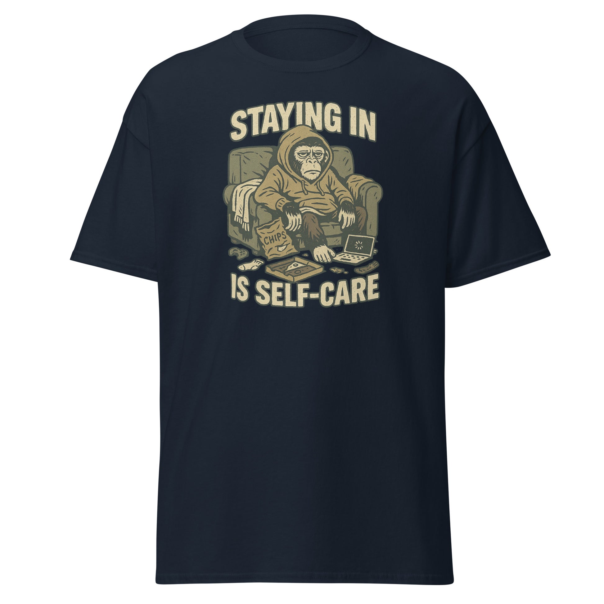 Black t-shirt with a graphic of a monkey in pajamas and text 'STAYING IN IS SELF-CARE' on a white background.