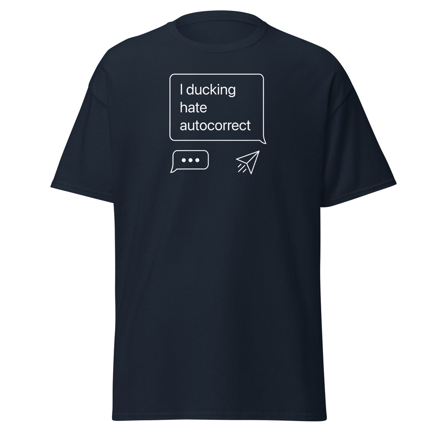 Black t-shirt with white text and graphics on a white background