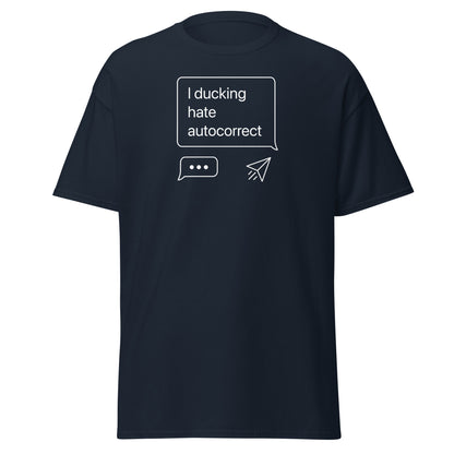 Black t-shirt with white text and graphics on a white background