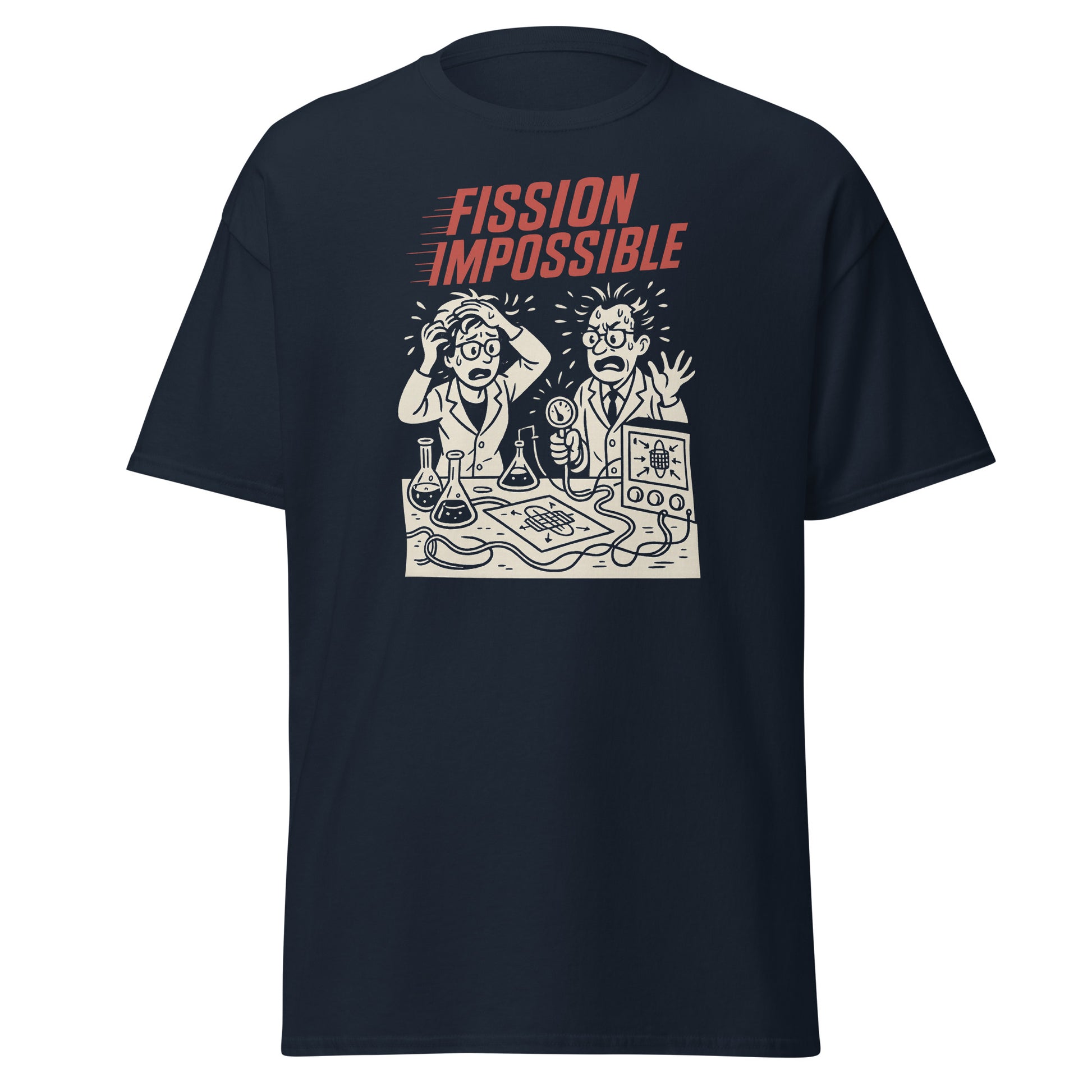 Black t-shirt with a graphic design and text 'FISSION IMPOSSIBLE' on a white background