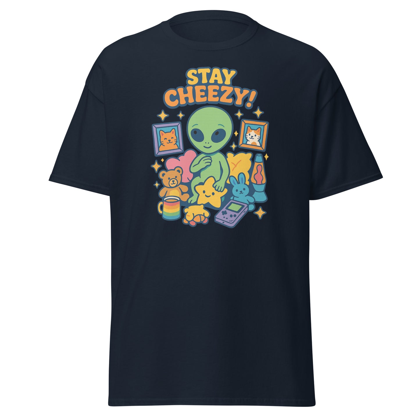 Black t-shirt with colorful graphic and 'Stay Cheezy!' text on a white background