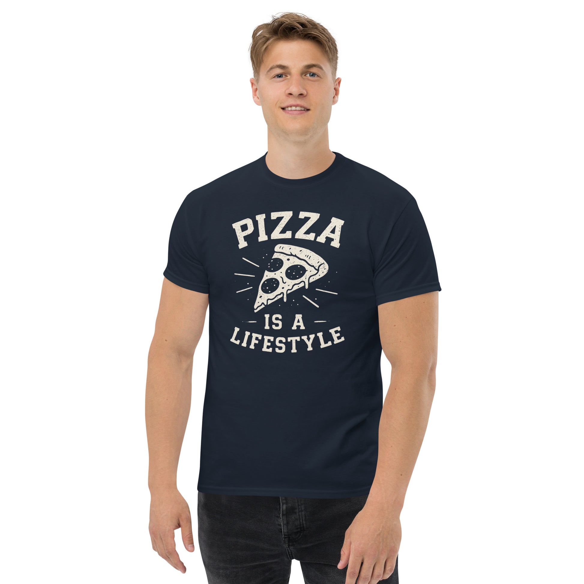 Man wearing a navy blue t-shirt with 'Pizza is a Lifestyle' print on a white background
