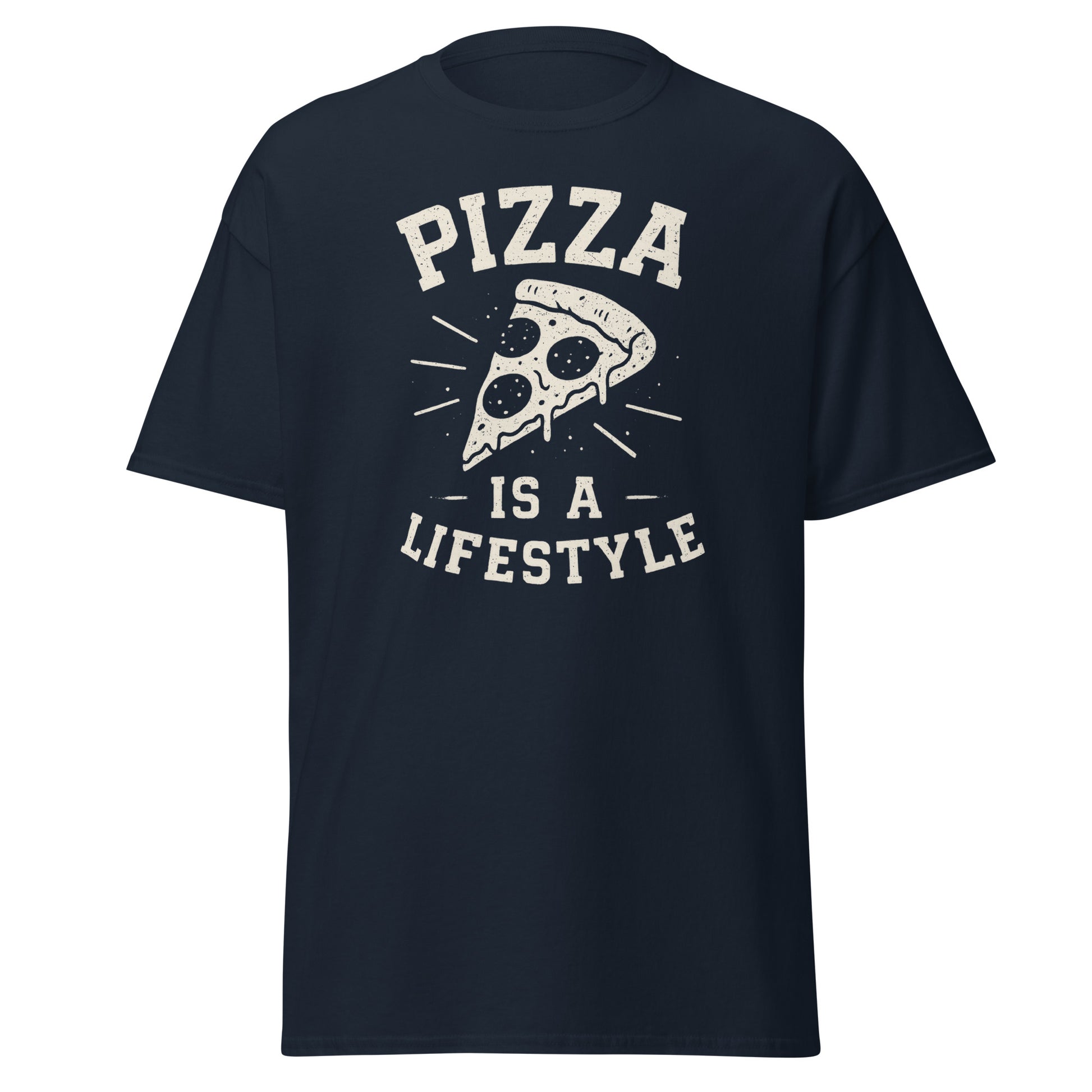Navy blue t-shirt with 'Pizza is a Lifestyle' graphic design on a white background