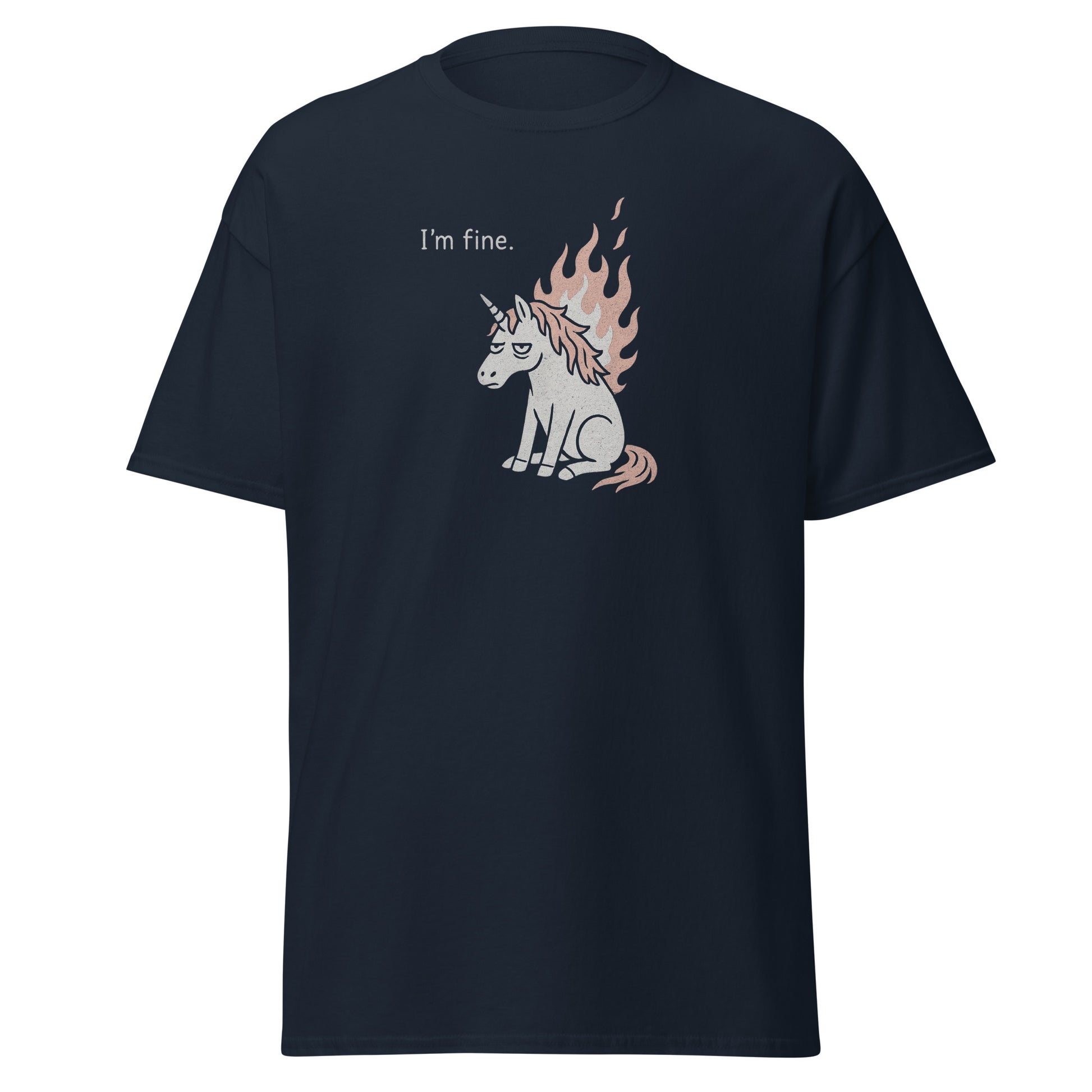 Navy blue t-shirt with a unicorn graphic and 'I'm fine.' text on a white background