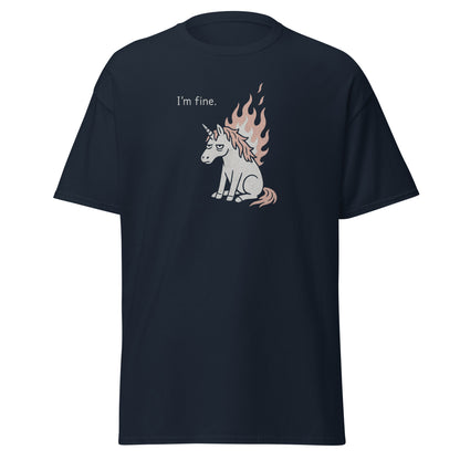 Navy blue t-shirt with a unicorn graphic and 'I'm fine.' text on a white background